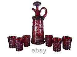 Fenton Glass for HOACGA Decanter Set With 6 Glasses Ruby Carnival Iridescent