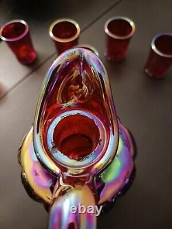 Fenton Glass for HOACGA Decanter Set With 6 Glasses Ruby Carnival Iridescent