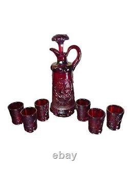 Fenton Glass for HOACGA Decanter Set With 6 Glasses Ruby Carnival Iridescent