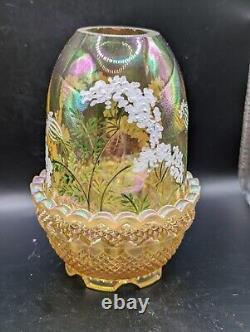 Fenton Gold Carnival Iridescent Fairy Lamp Hand Painted Queen Anne's Lace Rare