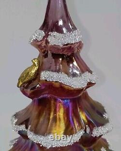 Fenton Gold Partridge Pink Iridescent Carnival Glass Flocked Frit Christmas Tree