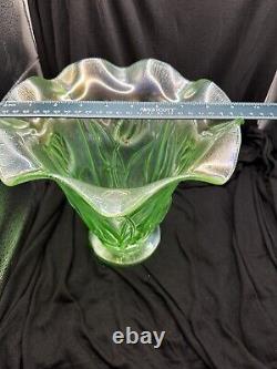 Fenton Green Apple Stretch Carnival Glass Raised Tulips Vase 2009 Iridescent QVC