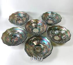 Fenton Green Carnival Glass Grape Cable Iridescent Starburst Berry Set Lot of 7