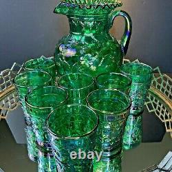 Fenton Green Carnival Iridescent Apple Pitcher 8 Tumblers Vintage Glass #N164