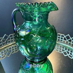 Fenton Green Carnival Iridescent Apple Pitcher 8 Tumblers Vintage Glass #N164