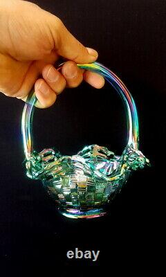 Fenton Green Glass Basket Handle Open Edge Carnival Iridescent Weave Art Decor