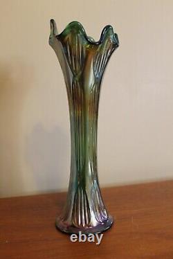 Fenton Green Iridescent Carnival Glass Diamond & Rib 11.5 Swung Glass Vase