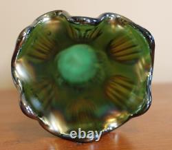 Fenton Green Iridescent Carnival Glass Diamond & Rib 11.5 Swung Glass Vase