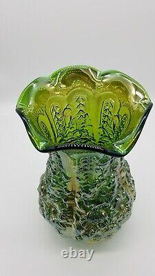 Fenton Green Iridescent Carnival Poppy Vase 12 Tall