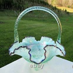 Fenton Green Iridized Opalescent Drapery Blue Iridized Crest Footed Basket 9H