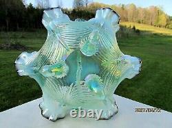 Fenton Green Iridized Opalescent Drapery Blue Iridized Crest Footed Basket 9H
