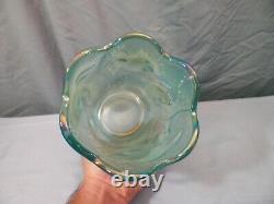 Fenton Greenish Blue Iridescent Carnival Glass Painted Atlantis Vase Koi Fish