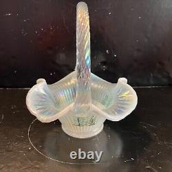 Fenton Hand Painted Clear Opalescent Carnival Glass Basket Signed T Neader