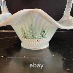 Fenton Hand Painted Clear Opalescent Carnival Glass Basket Signed T Neader