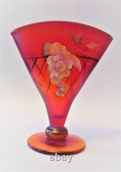Fenton Hand Painted Signed Nancy Fenton Opalescent Fan Shape GRAPE 8 1/2h Vase