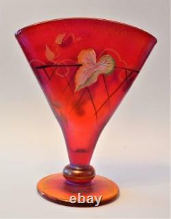 Fenton Hand Painted Signed Nancy Fenton Opalescent Fan Shape GRAPE 8 1/2h Vase