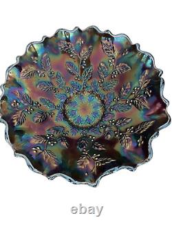 Fenton Holly Carnival Glass Ruffled Edge Bowl 8.5x3.5 Signed Iridescent Vint