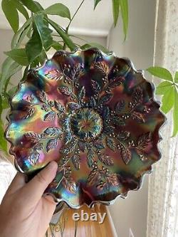 Fenton Holly Carnival Glass Ruffled Edge Bowl 8.5x3.5 Signed Iridescent Vint