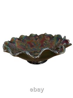 Fenton Holly Carnival Glass Ruffled Edge Bowl 8.5x3.5 Signed Iridescent Vint