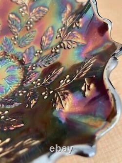 Fenton Holly Carnival Glass Ruffled Edge Bowl 8.5x3.5 Signed Iridescent Vint