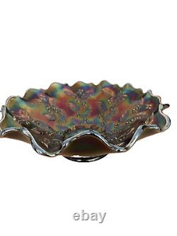 Fenton Holly Carnival Glass Ruffled Edge Bowl 8.5x3.5 Signed Iridescent Vint