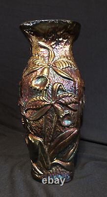 Fenton Iridescent 10 Vase With Raised Orchid Design Black Carnival Glass