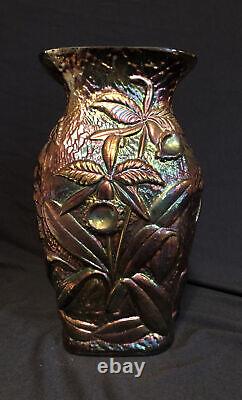 Fenton Iridescent 10 Vase With Raised Orchid Design Black Carnival Glass