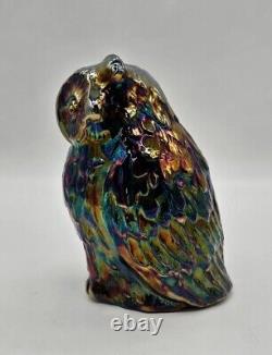 Fenton Iridescent Amythest Oil Slick Carnival Art Glass Figural Statue Owl 6½