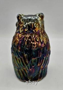 Fenton Iridescent Amythest Oil Slick Carnival Art Glass Figural Statue Owl 6½