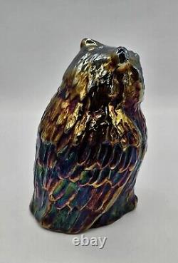 Fenton Iridescent Amythest Oil Slick Carnival Art Glass Figural Statue Owl 6½