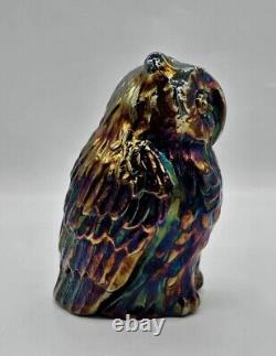 Fenton Iridescent Amythest Oil Slick Carnival Art Glass Figural Statue Owl 6½