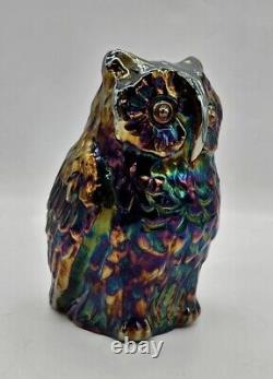 Fenton Iridescent Amythest Oil Slick Carnival Art Glass Figural Statue Owl 6½