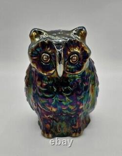 Fenton Iridescent Amythest Oil Slick Carnival Art Glass Figural Statue Owl 6½