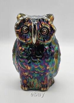 Fenton Iridescent Amythest Oil Slick Carnival Art Glass Figural Statue Owl 6½