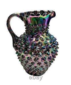 Fenton Iridescent Black Amethyst Hobnail Carnival Glass Pitcher Signed Rare Htf