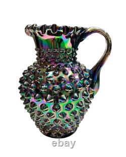 Fenton Iridescent Black Amethyst Hobnail Carnival Glass Pitcher Signed Rare Htf