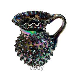 Fenton Iridescent Black Amethyst Hobnail Carnival Glass Pitcher Signed Rare Htf