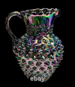 Fenton Iridescent Black Amethyst Hobnail Carnival Glass Pitcher Signed Rare Htf