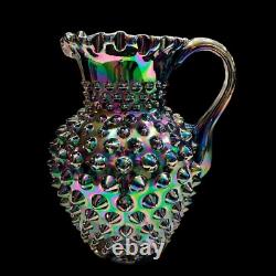 Fenton Iridescent Black Amethyst Hobnail Carnival Glass Pitcher Signed Rare Htf