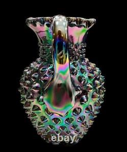 Fenton Iridescent Black Amethyst Hobnail Carnival Glass Pitcher Signed Rare Htf