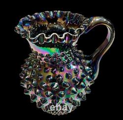 Fenton Iridescent Black Amethyst Hobnail Carnival Glass Pitcher Signed Rare Htf