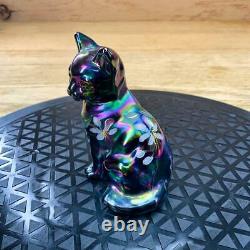 Fenton Iridescent Black Carnival Cat With Hand Painted Flowers Signed D Gessel