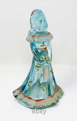 Fenton Iridescent Blue Glass Hand Painted Bridesmaid Lady Figurine Artist Signed