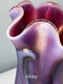Fenton Iridescent Carnival Glass Footed Vase Plum Colors 9-1/2 Tall Signed