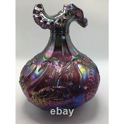 Fenton Iridescent Carnival Glass Vase with Ruffled Rim & Embossed Flower & Bird De