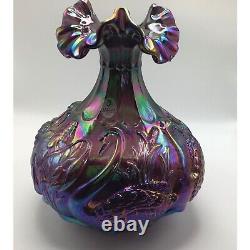 Fenton Iridescent Carnival Glass Vase with Ruffled Rim & Embossed Flower & Bird De