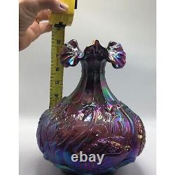 Fenton Iridescent Carnival Glass Vase with Ruffled Rim & Embossed Flower & Bird De