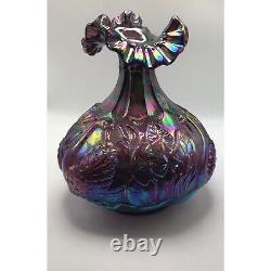 Fenton Iridescent Carnival Glass Vase with Ruffled Rim & Embossed Flower & Bird De