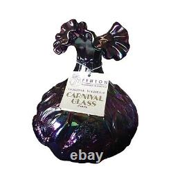 Fenton Iridescent Carnival Glass Vase with Ruffled Rim & Embossed Flower & Bird De