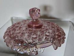 Fenton Iridescent Pink Daisy and Button Dish with Lid- Carnival glass withsticker